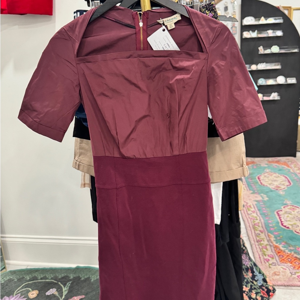 Vintage Burberry London Square Neckline Maroon Knee-Length Dress